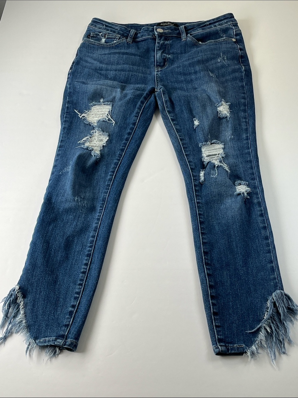 Judy Blue Medium-Dark Blue Distressed Skinny Ankle Jeans with Frayed Hem Sz 9/29